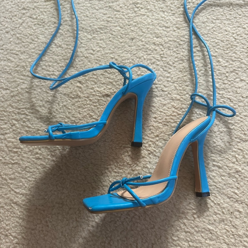 New blue strappy lace up heels